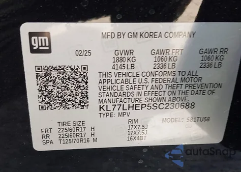 2025 Chevrolet Trax Fwd Lt z USA, uszkodzony, nr VIN KL77LHEP5SC230688